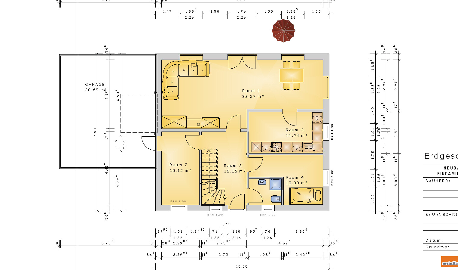 Zweidimensionaler Grundrissplan eines Einfamilienhauses mit Garage, Wohnzimmer und Küche