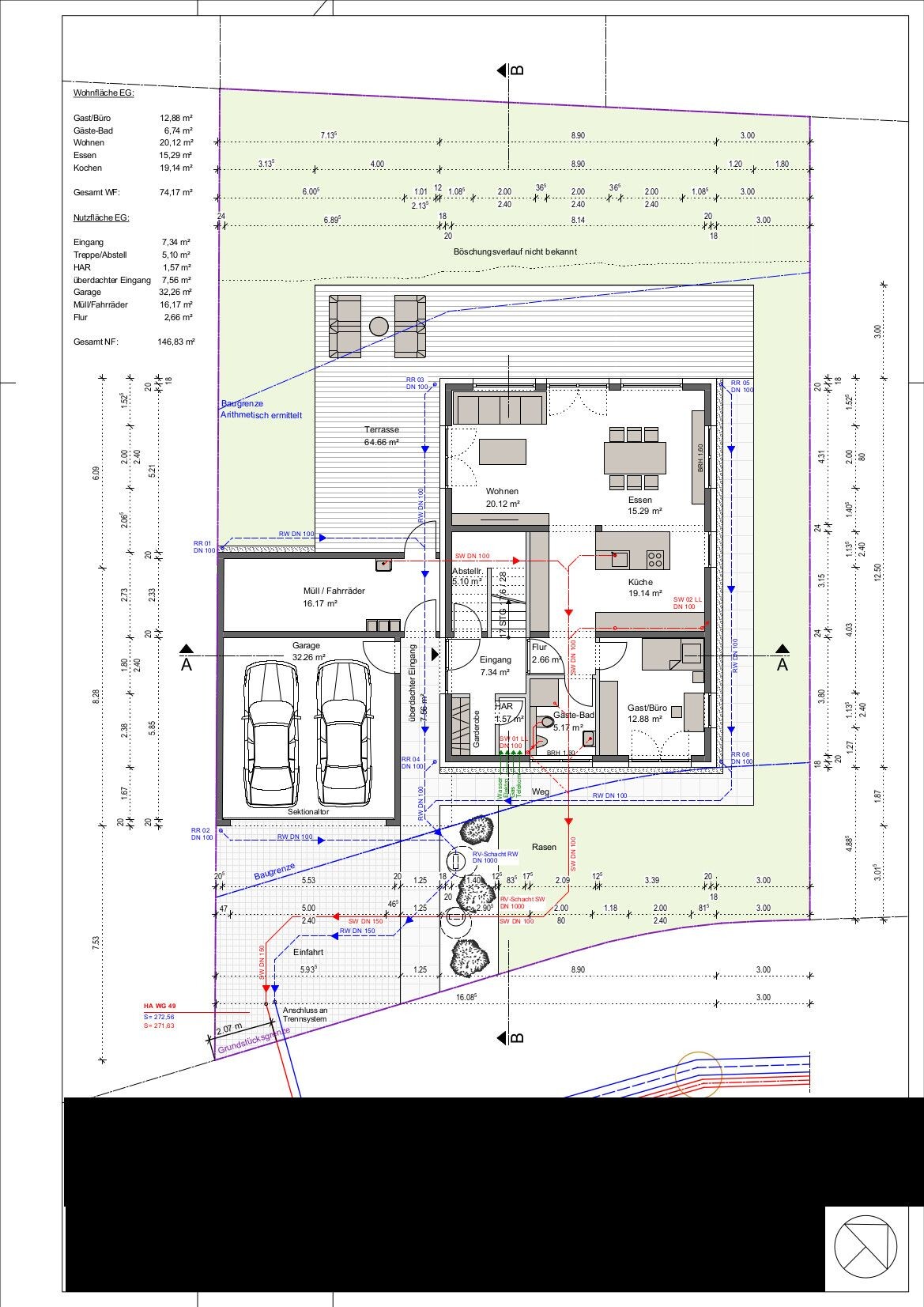 Grundriss eines Hauses mit Garage, Terrasse, Garten und Wohn-/Essbereich.