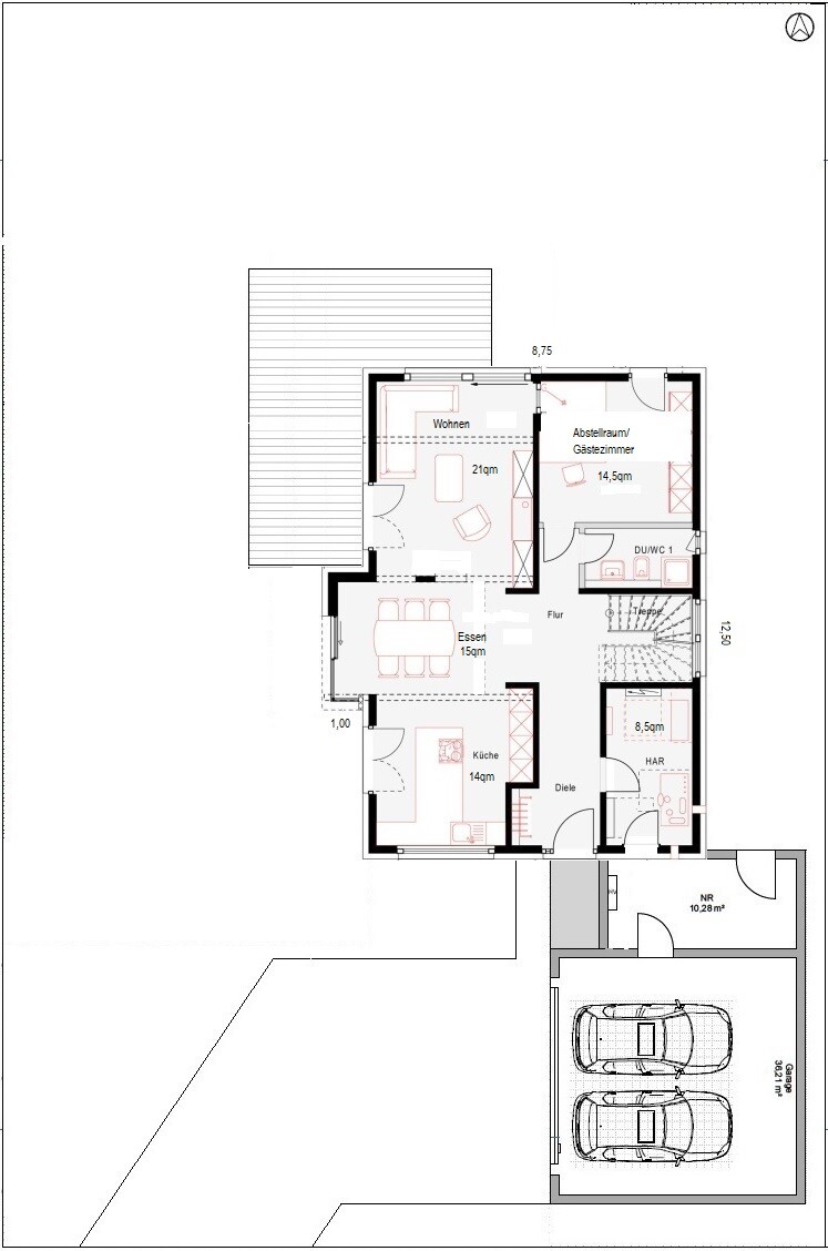 Grundriss Erdgeschoss: Wohnen, Essen, Küche, DU/WC, Diele, HAR, NR, Garage für 2 Pkw