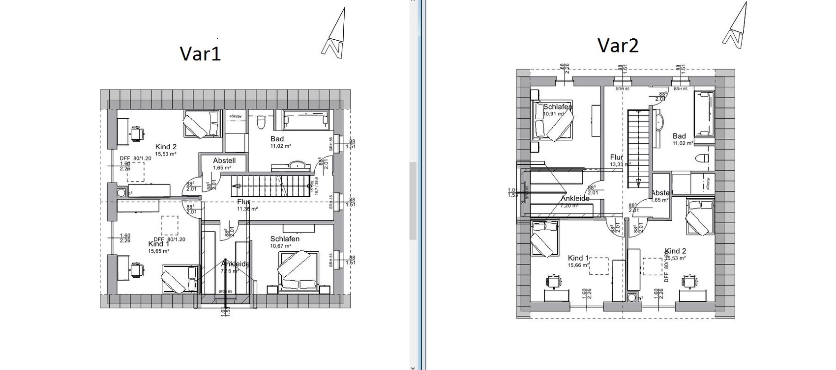 Grundriss eines Hauses: Schlafzimmer, zwei Kinderzimmer, Bad, Flur, Ankleide (Var1/Var2).
