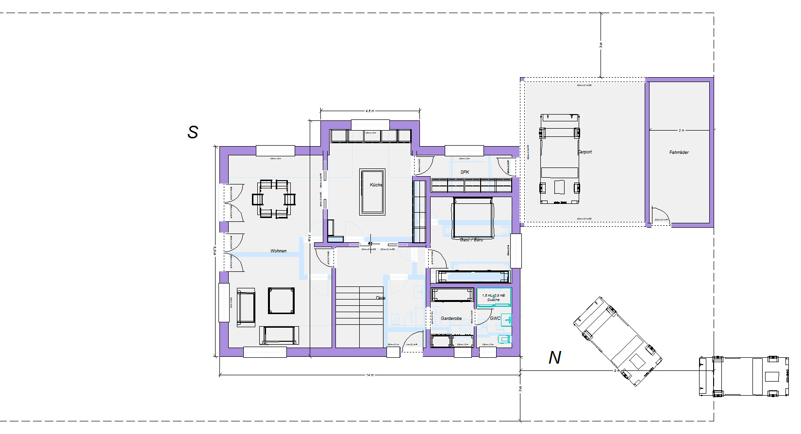Detaillierter Grundriss eines Hauses mit Küche, Wohnzimmer, Garage und Carport