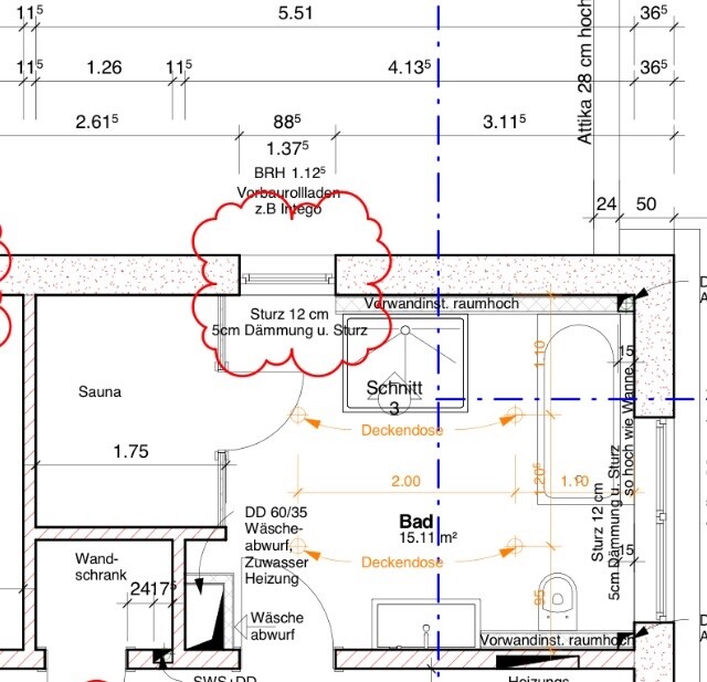 Detaillierter Grundriss eines Hauses mit Sauna, Bad und Zimmern