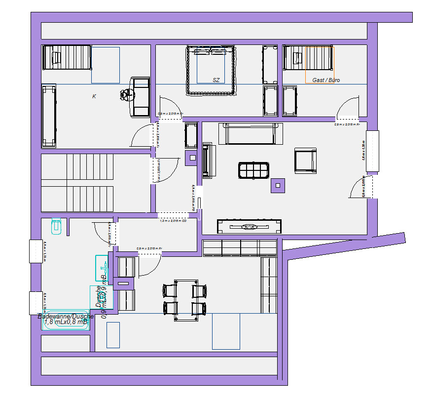 Grundriss eines Wohnhauses: Küche, Essbereich, Wohnzimmer, Schlafzimmer, Gästezimmer, Bad, Treppen.