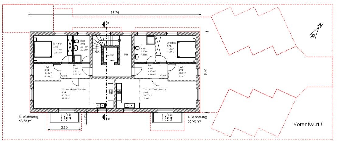 Grundriss eines Mehrfamilienhauses mit 4 Wohnungen, Fluren, Bad, Küche und Aufzug.