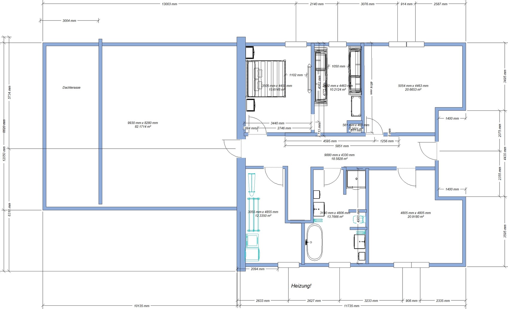 Grundriss eines Hauses: Dachterrasse links, Wohnzimmer, Schlafzimmer, Bad, Heizung.