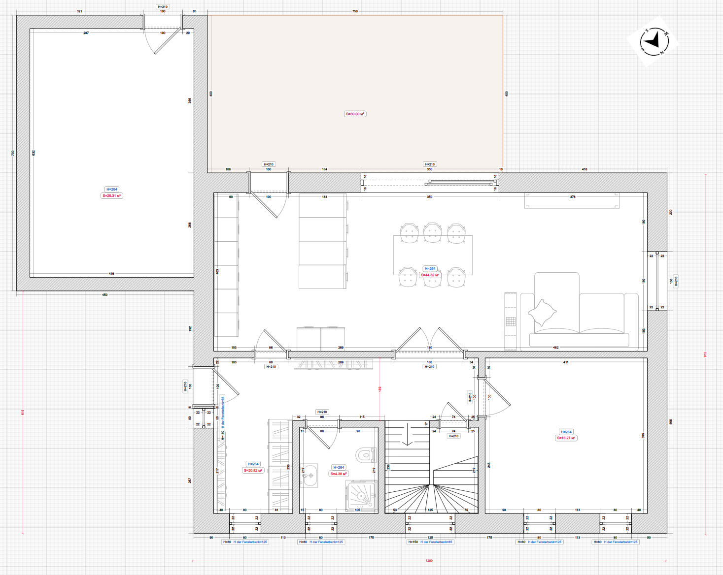 Detaillierter Grundriss eines Wohnhauses mit Wohnzimmer, Essbereich und Küche