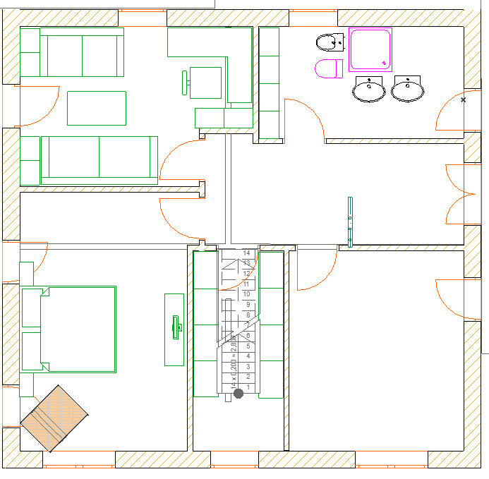 Grundriss eines Hauses mit Wohnzimmer, Küche, Bad und Treppe, detaillierte Raumanordnung.