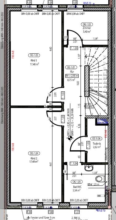 Grundriss eines Wohnhauses: Zimmer, Flur, Treppenhaus, Bad/WC, Technikraum; Maßangaben