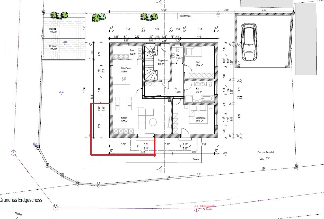 Grundriss Erdgeschoss: Wohnzimmer, Küche, Flur, Bad, Schlafzimmer; Terrasse unten; Garage rechts.