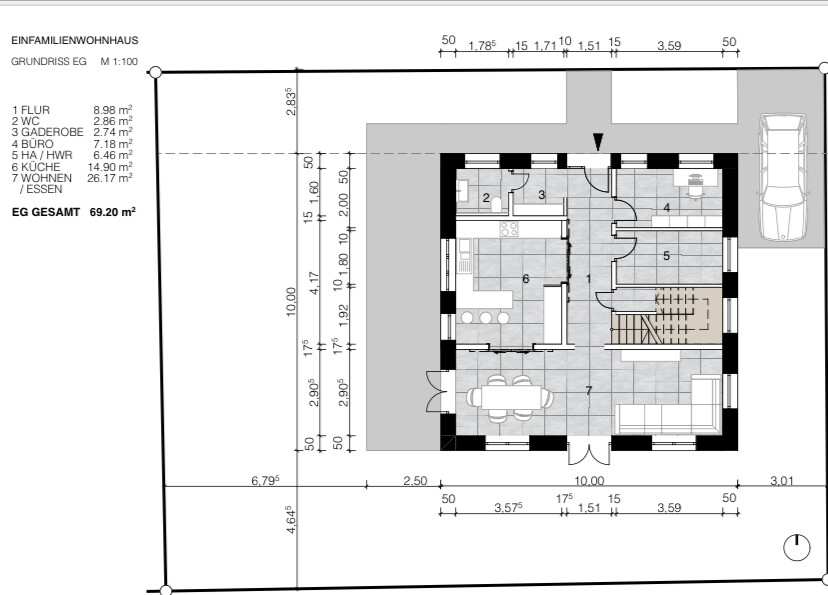 Grundriss EG eines Einfamilienhauses: Flur, Küche, Wohnen/Essen, Büro, WC, Treppe, Parkplatz