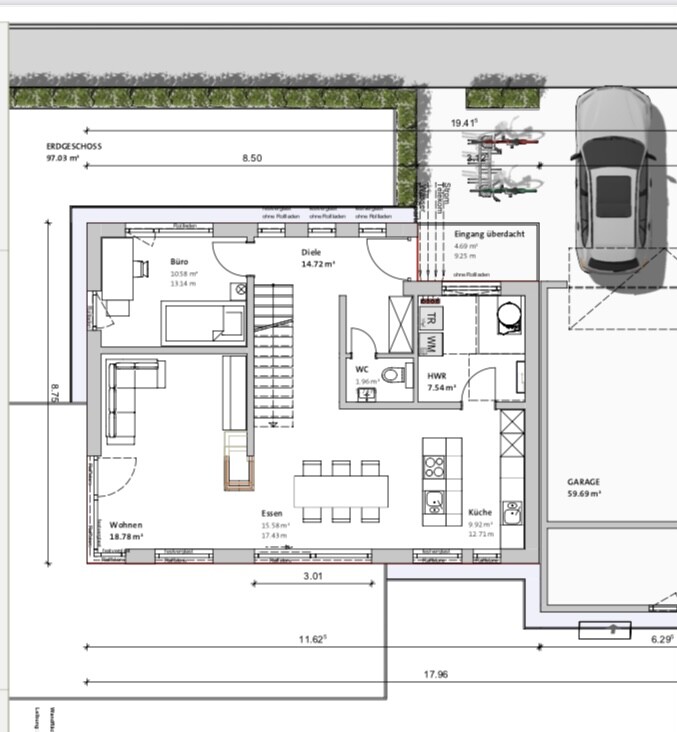 Grundriss Erdgeschoss: Wohnen, Essen, Küche, Büro, Diele, WC, HWR, Garage