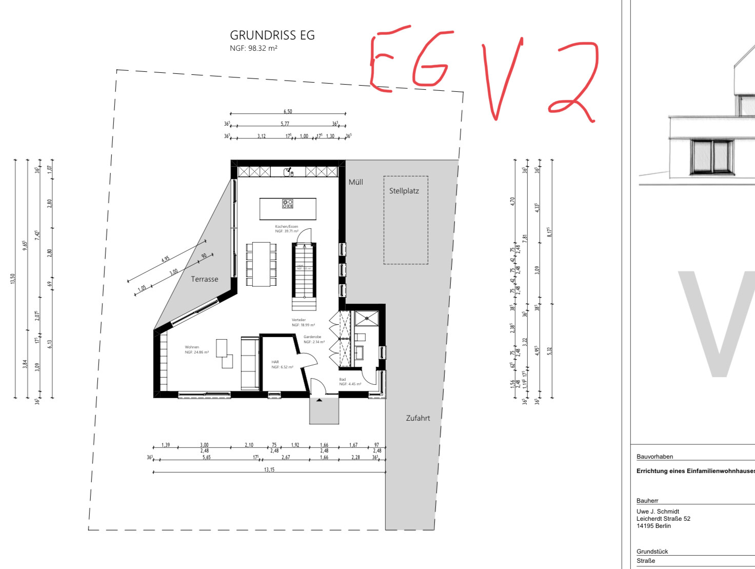 Erdgeschoss-Grundriss: Küche/Essen, Wohnen, Terrasse, Bad, Garderobe, Stellplatz, Zufahrt.