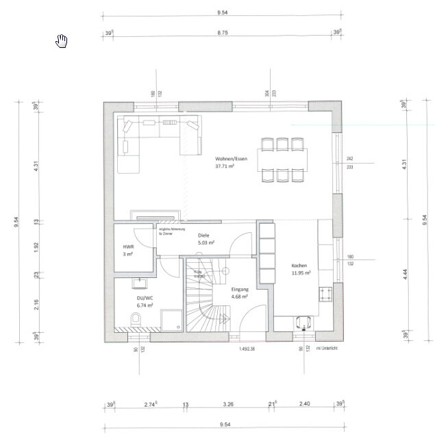 Grundriss eines Hauses: Wohn-/Essbereich, Küche, Diele, Eingang, HWR, Dusche/WC, Treppe.
