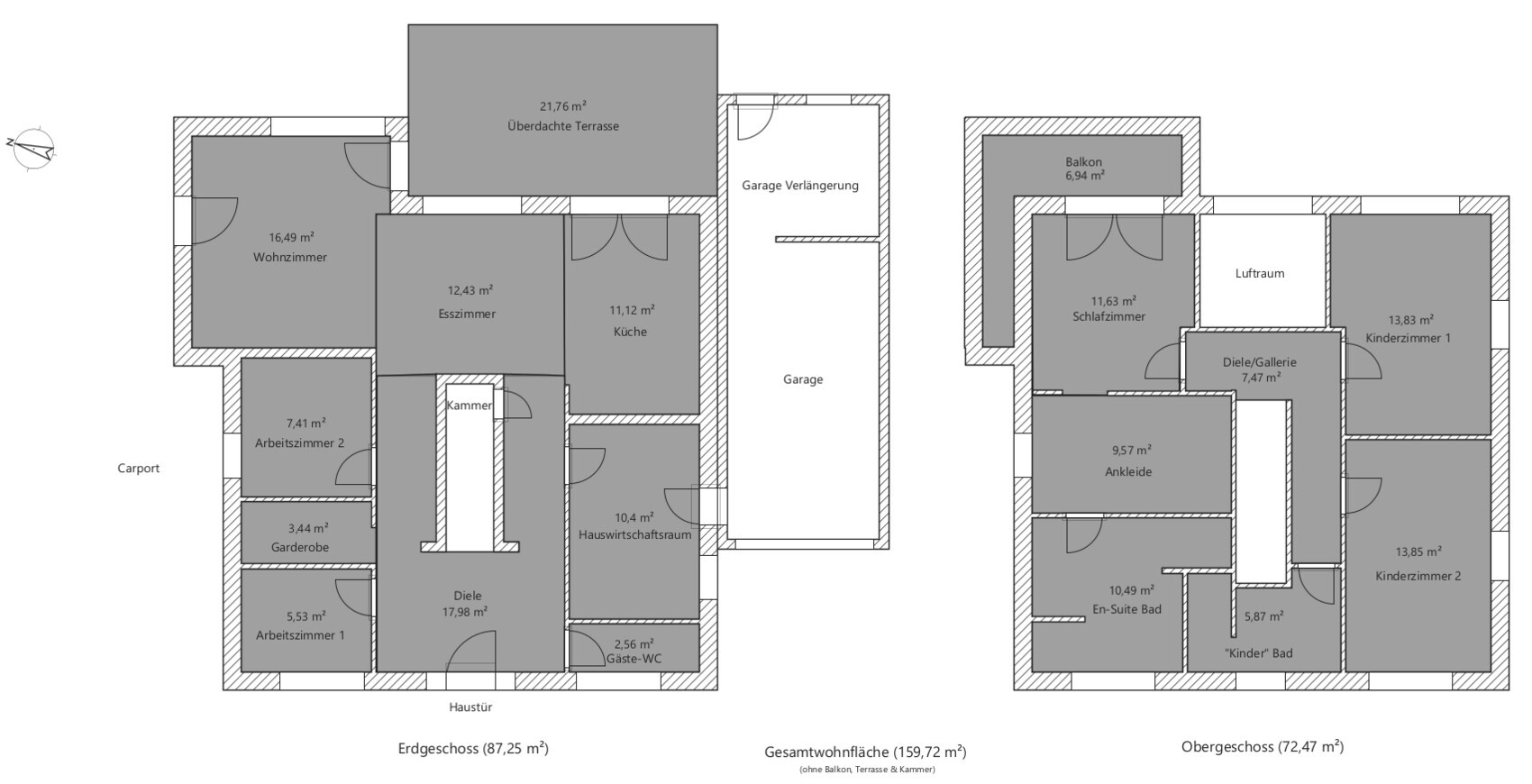 Zweigeschossiger Grundriss eines Hauses mit Garage, Wohnzimmer, Küche, Schlafzimmer, Kinderzimmer.