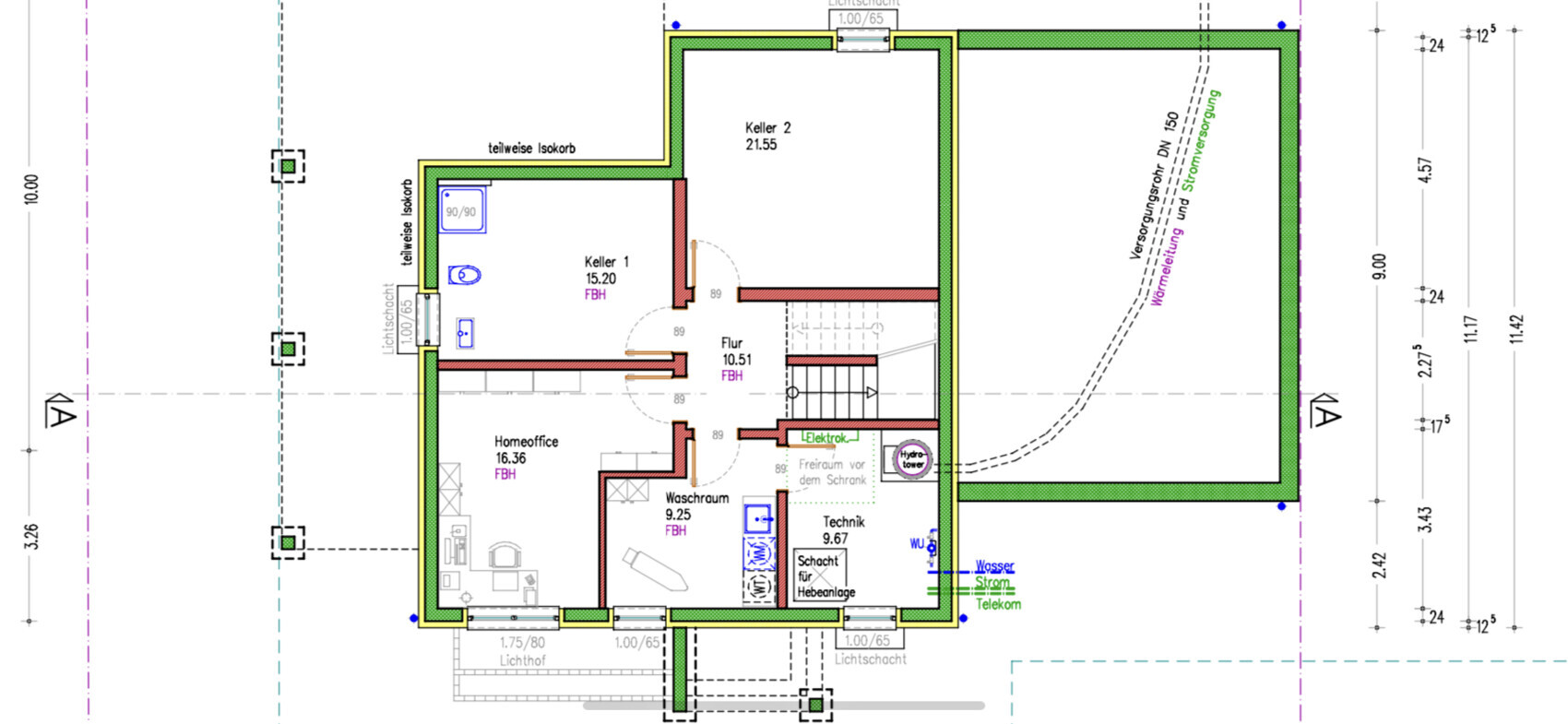 Kellergeschoss-Grundriss: Keller 1, Keller 2, Flur, Homeoffice, Waschraum, Technik, Treppe, Lager.