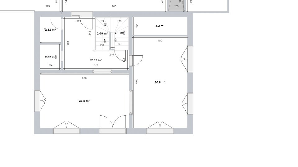 Grundriss eines Hauses mit mehreren Räumen, Türen und Flächenangaben (z. B. 25,8 m²).