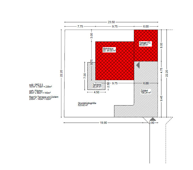 Grundstücksplan: rotes, schraffiertes Wohnhaus und Garage, graue Zufahrtfläche.