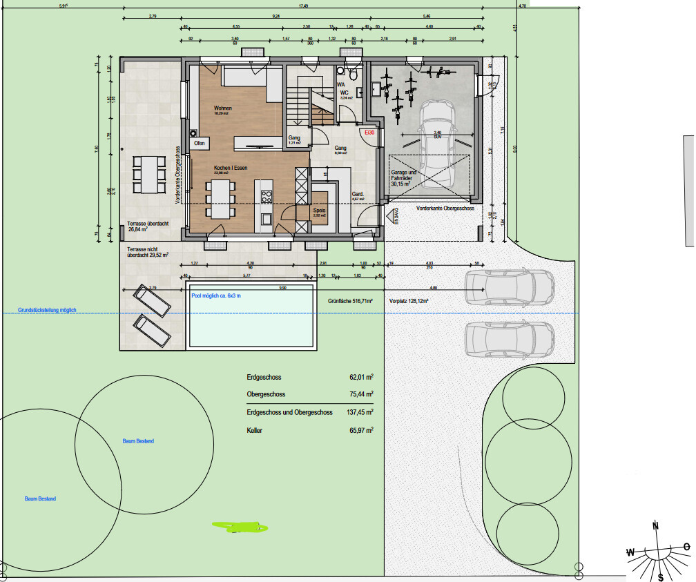 Grundriss eines Hauses: Küche, Wohnzimmer, Garage, Terrasse, Garten, Pool.