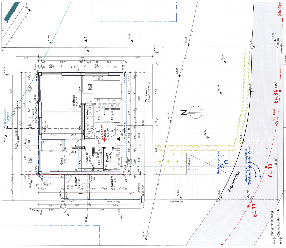 Grundriss eines Hauses mit Terrasse, Garten und Carport, inkl. Maßangaben.