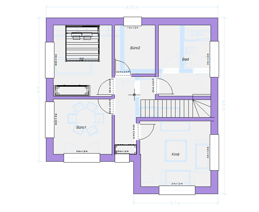 Grundriss eines Hauses: Büro1, Büro2, Kind, Bad, Treppenhaus und Möbel.
