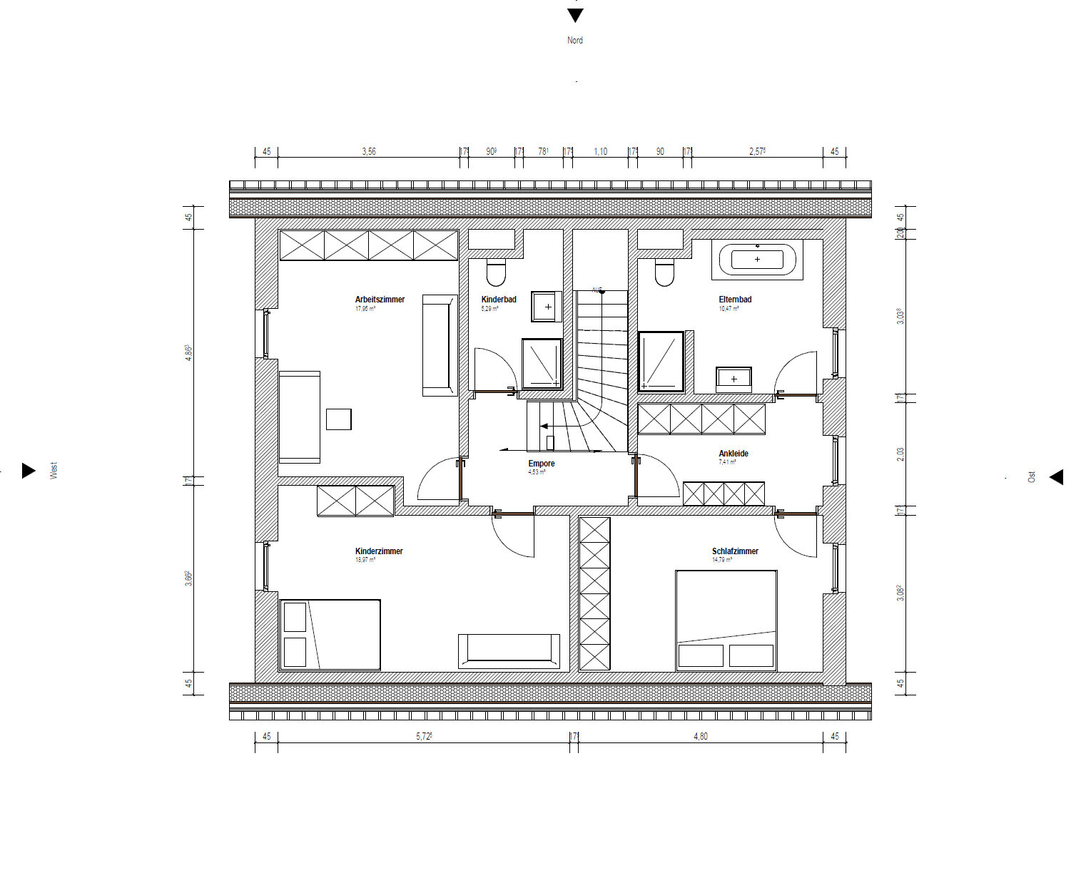 Grundriss eines Dachgeschosses mit Schlafzimmer, Kinderzimmer, Arbeitszimmer, Bad, Ankleide, Treppe.