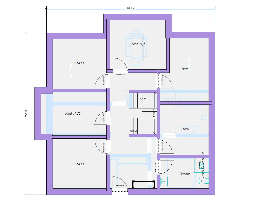 Grundriss eines Hauses mit mehreren Räumen: Kinderzimmer, Büro, Diele, Dusche, HWR