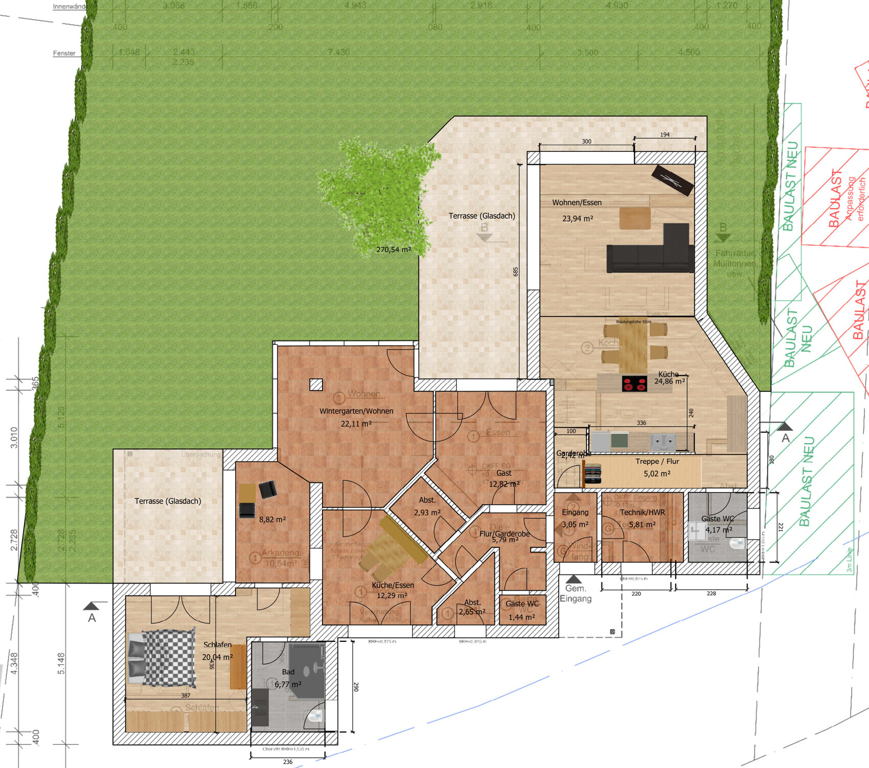 Grundriss eines Hauses mit Garten, Terrasse, Wohnzimmer, Küche, Flur, Bad, Schlafzimmer.
