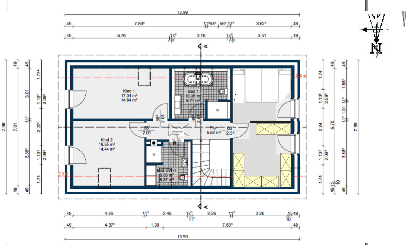 Grundrissplan eines Hauses mit zwei Kinderzimmern, Bad und Flur