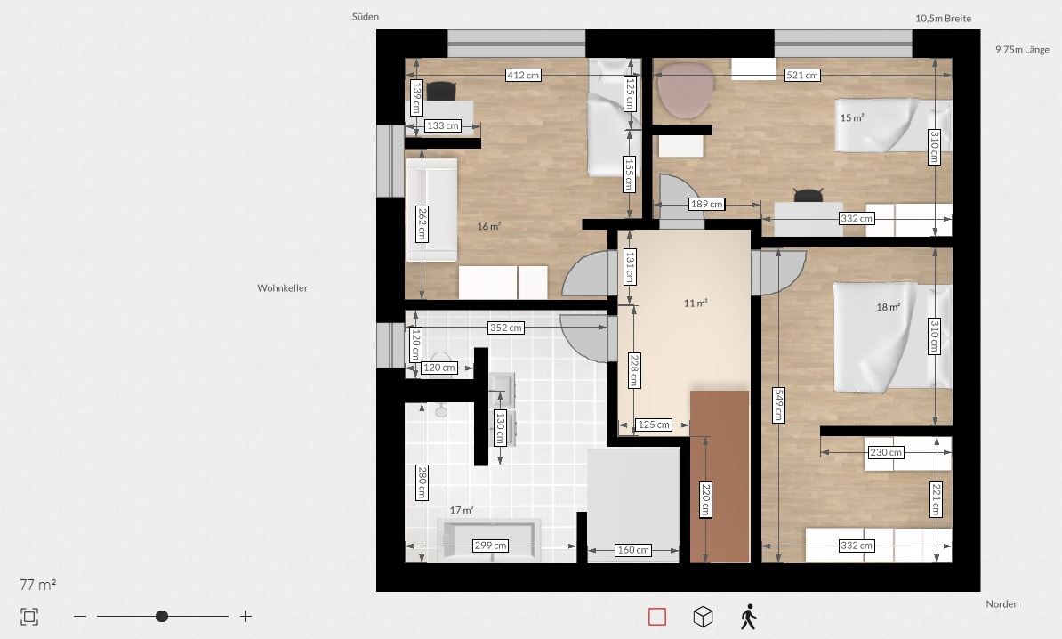 Grundriss einer Wohnung: Küche, Wohnzimmer, Flur und Schlafzimmern mit Maßangaben.