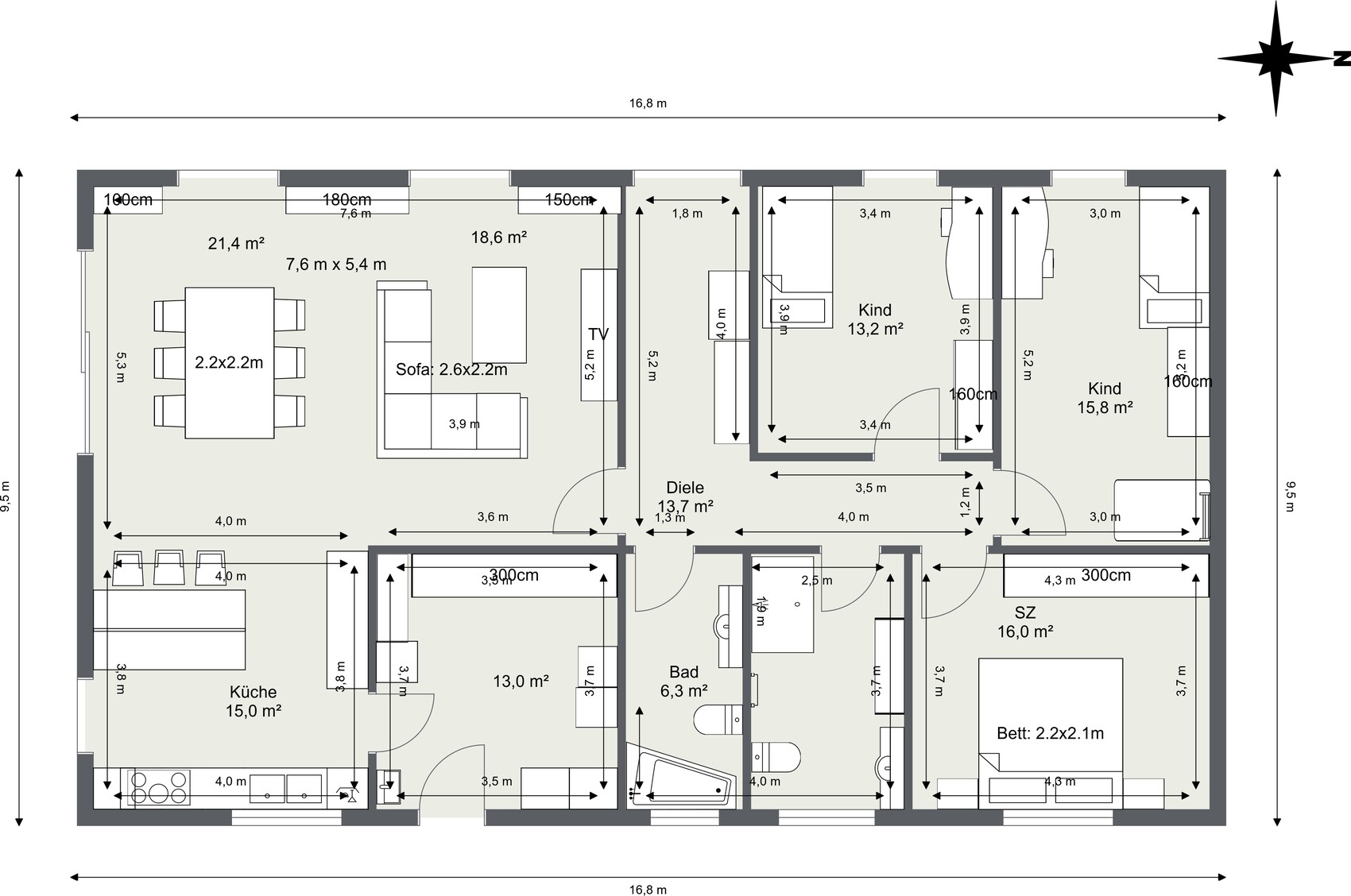 Grundriss eines Wohnhauses: Wohnzimmer mit Esstisch, Sofa, Küche, Bad, Flur und drei Zimmer.