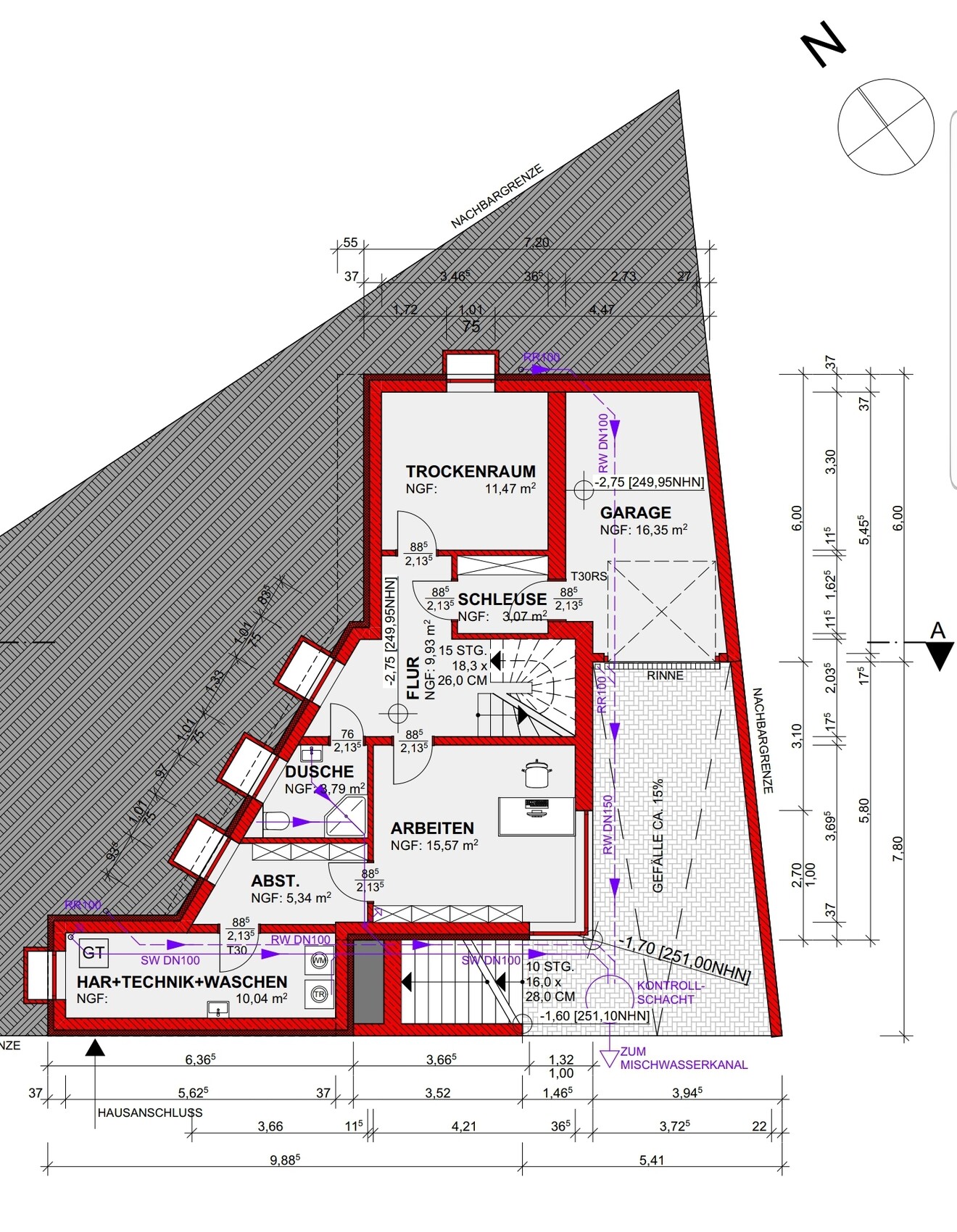 Grundriss eines Hauses mit roter Umrandung: Trocknenraum, Garage, Flur, Dusche, Arbeiten.