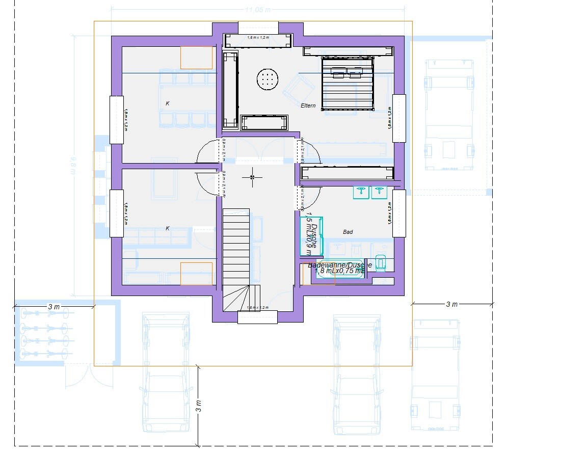 Grundriss eines Hauses mit Elternschlafzimmer, Küche, Bad, Treppe und Autos davor.