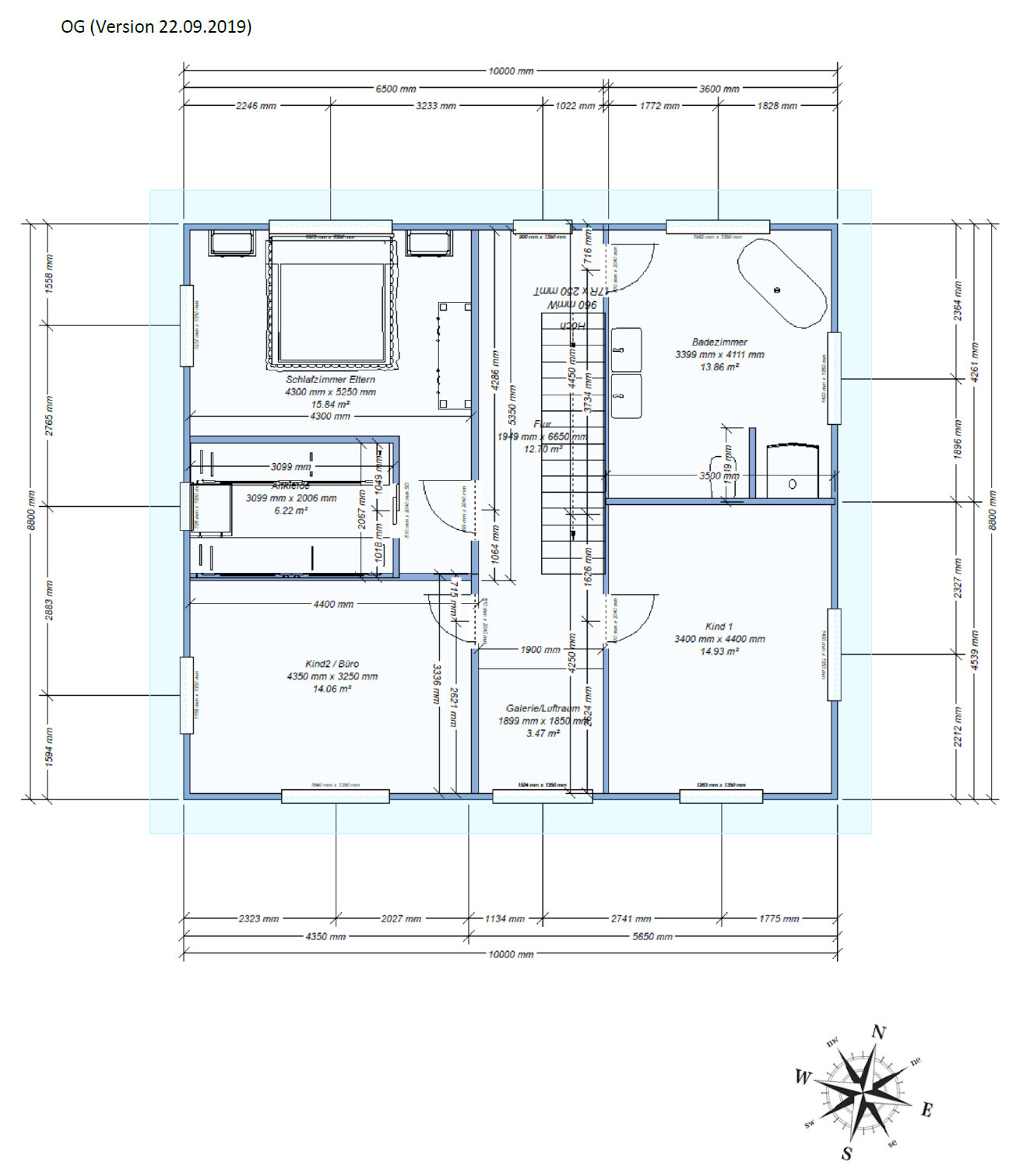 Grundriss OG: Schlafzimmer Eltern, Kind 1, Kind 2/Büro, Badezimmer, Galerie/Flur, Treppenhaus, Maße.