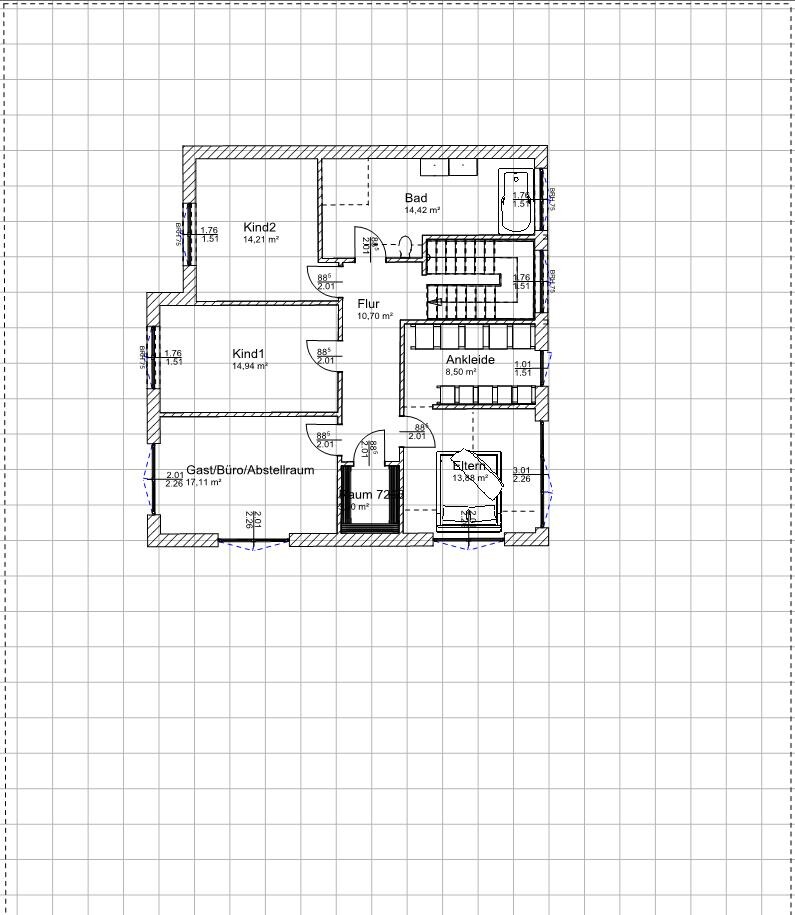 Grundriss eines Wohnhaus-Obergeschosses mit Flur, Bad, Ankleide, Eltern- und Kinderzimmer.