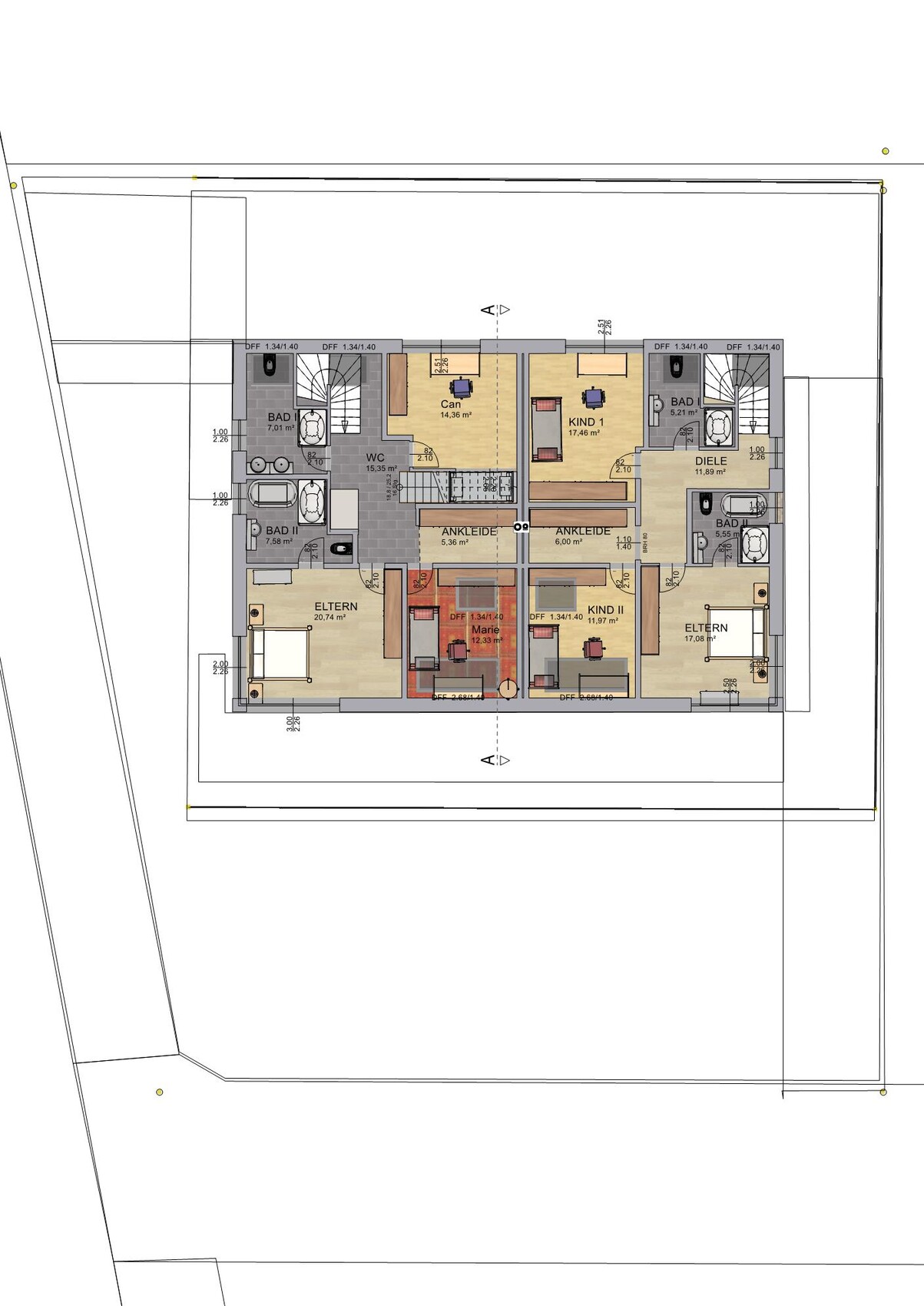 Grundriss einer Wohnung: Eltern- und Kinderzimmer, Bäder, Diele und Ankleide.
