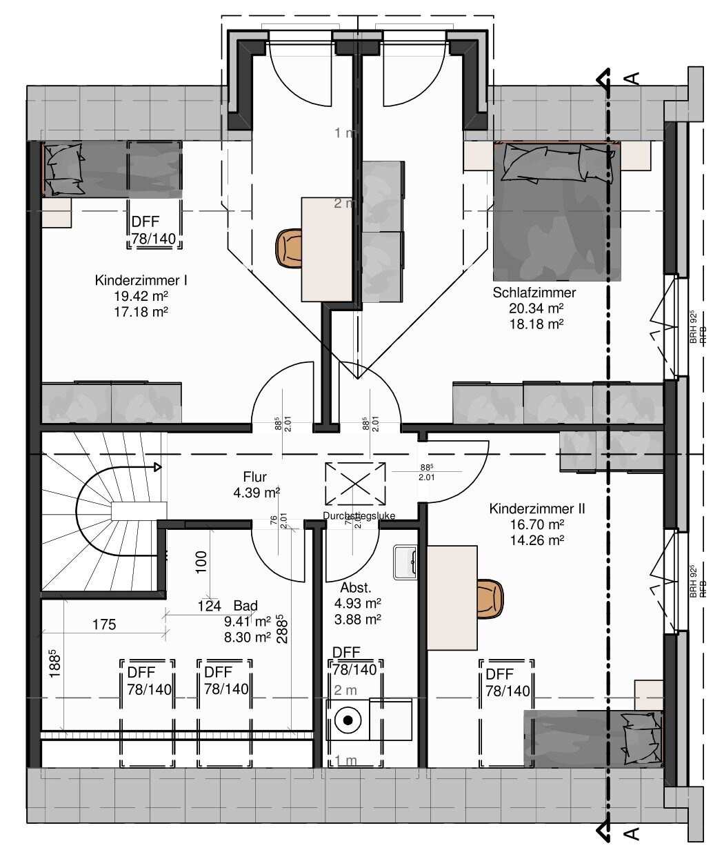 Grundriss eines Wohnplans mit drei Schlafzimmern, Bad, Flur und Abstellraum.