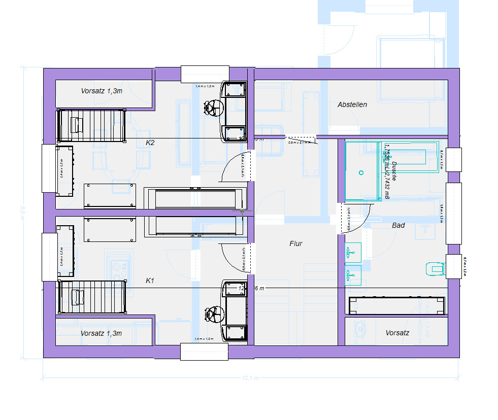Grundriss eines Hauses mit Flur, Bad, Abstellen, K1 und K2.
