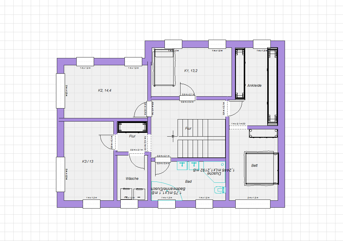 Grundriss eines Wohnhauses mit Schlafzimmern, Bad, Ankleide, Flur und Waschküche.