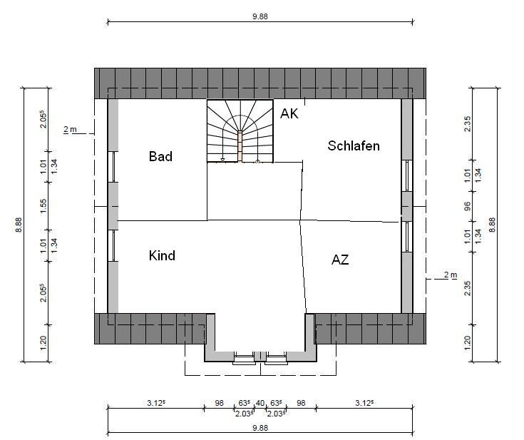 Grundriss eines Dachgeschosses mit Bad, Schlafen, Kind, AZ und Treppe