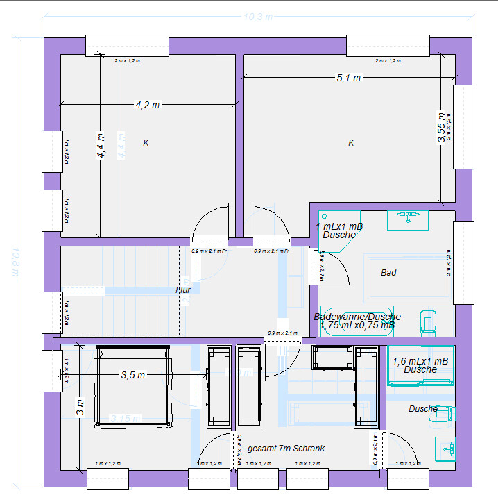 Grundriss einer Wohnung: zwei große Zimmer, Flur, Bad, Dusche, Küche, Schränke.