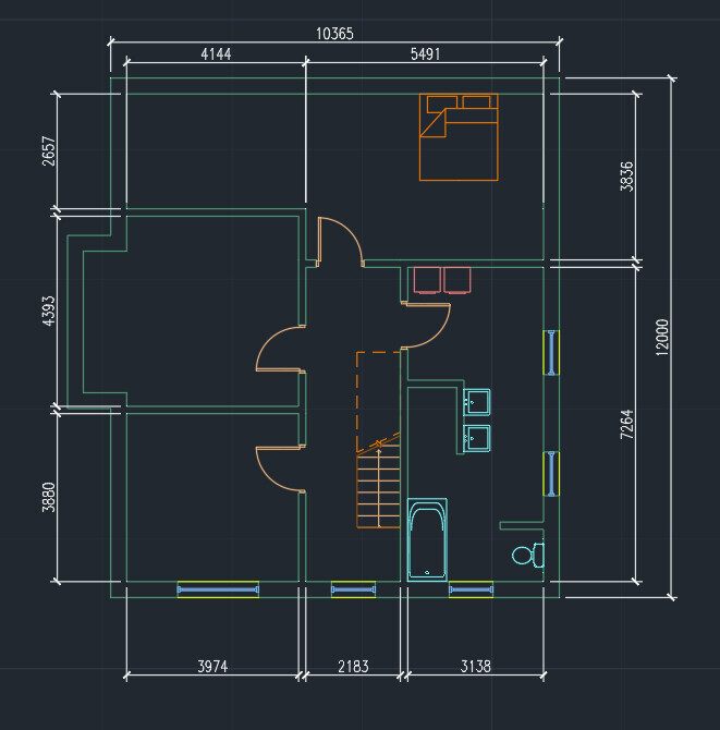 Grundriss eines Hauses mit mehreren Zimmern, Türen, Treppen und Maßlinien.