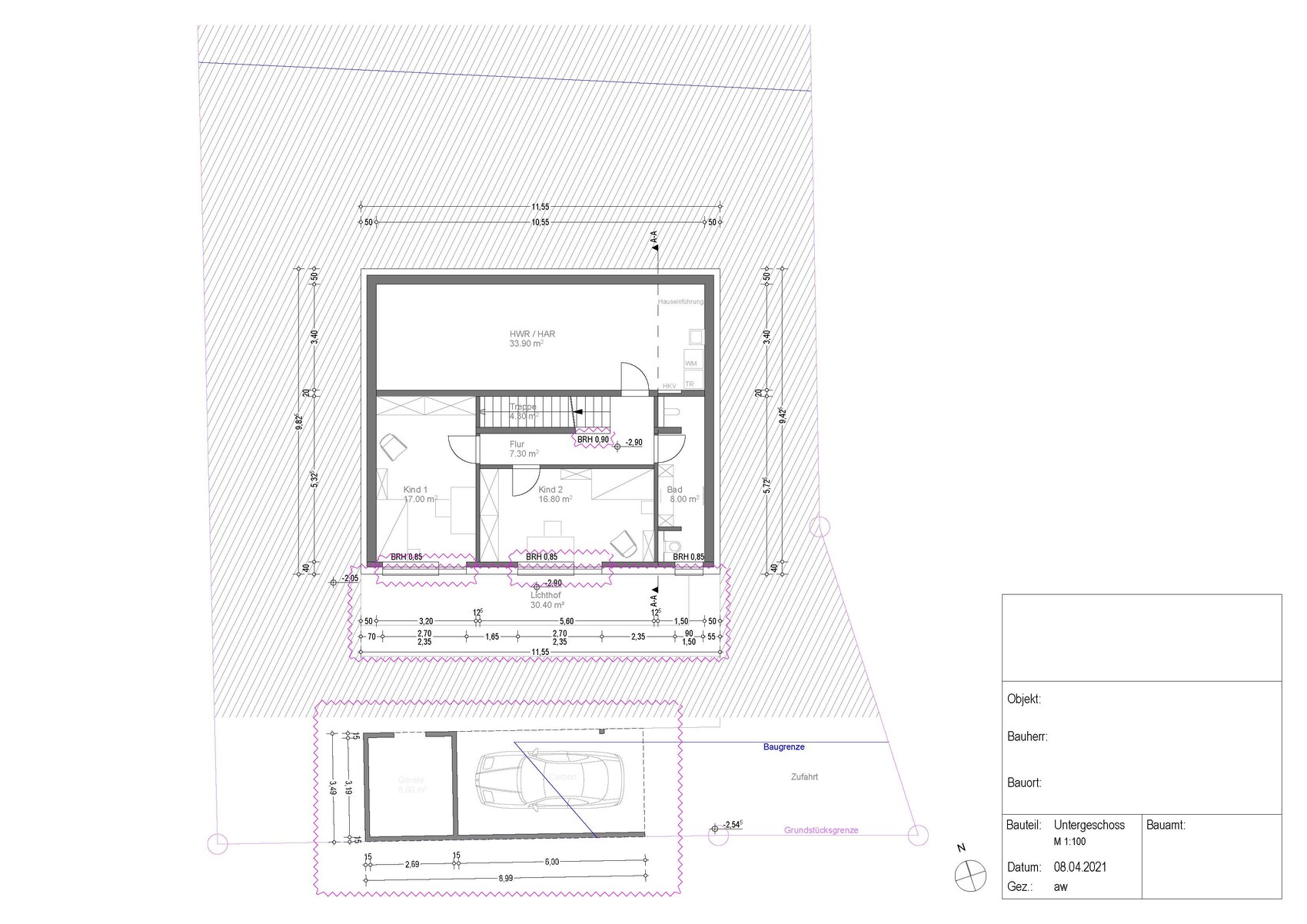 Grundriss eines Hauses mit Flur, zwei Kinderzimmern, Bad, HWR und separatem Garagenbereich.