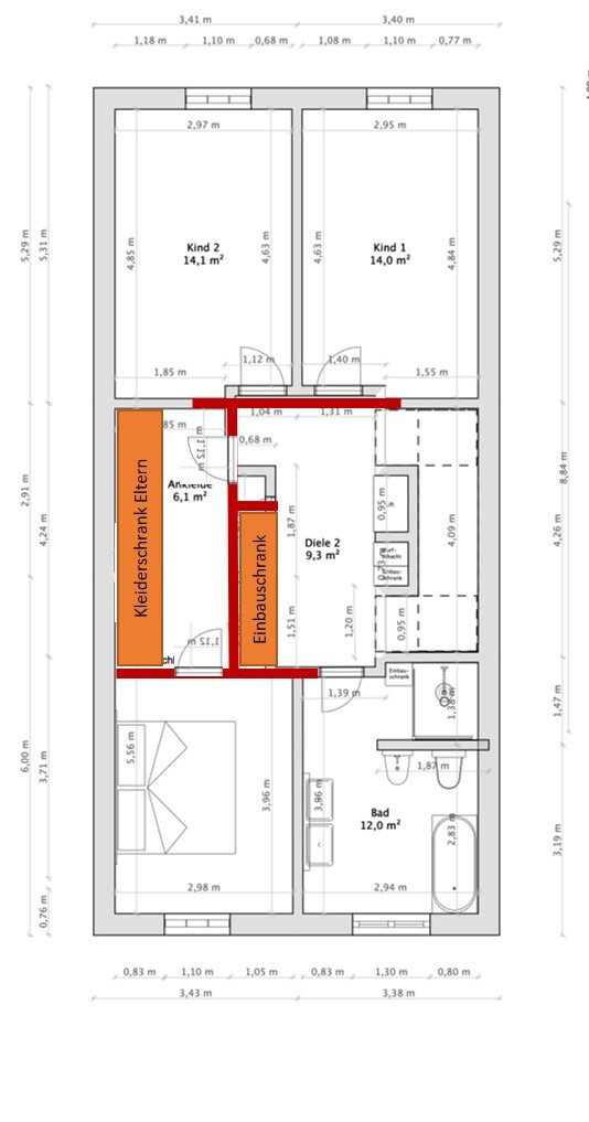 Grundriss eines Hauses: zwei Kinderzimmer, Bad, Diele, Ankleide und Kleiderschränke.