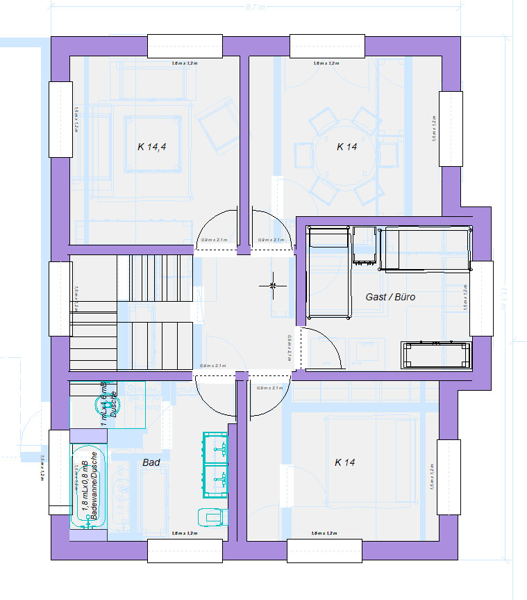 Grundriss eines Stockwerkplans: Räume K 14, Gast/Büro, Bad, Treppen, Türen, Möbel.