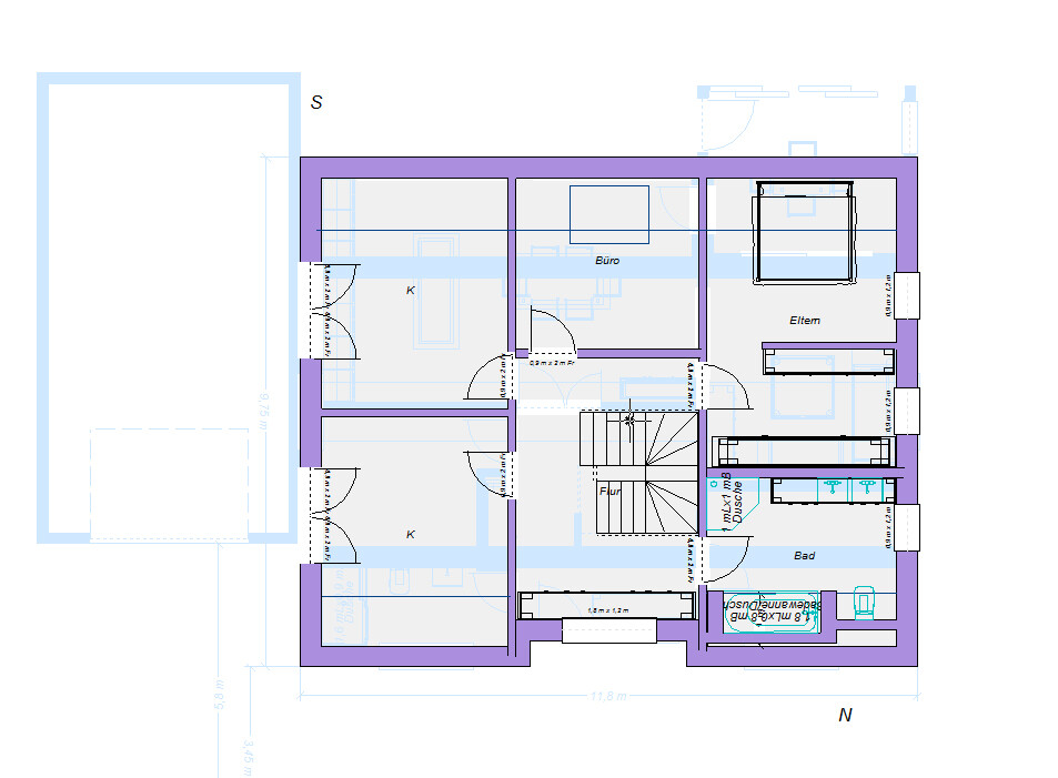 Grundriss eines Hauses mit Büro, Elternzimmer, Küche, Bad, Flur und Treppenhaus.