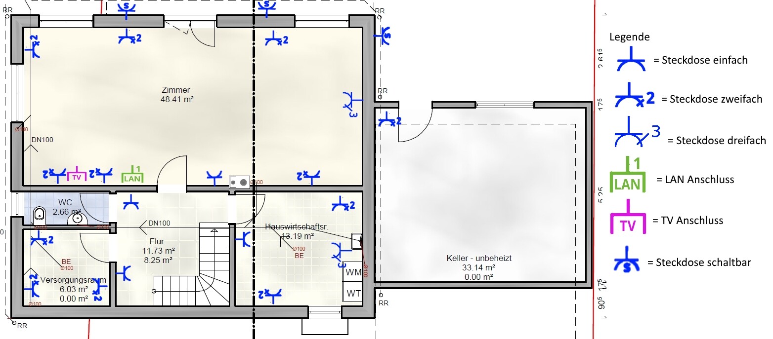Kellergeschoss: Zimmer, Flur, WC, Versorgungsraum, Hauswirtschaftsraum; Steckdosen, LAN.