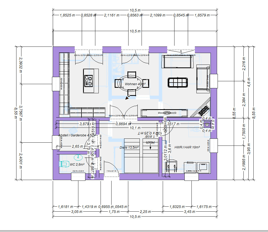Grundriss eines Hauses mit Wohnzimmer, Küche, Bad und Maßen.