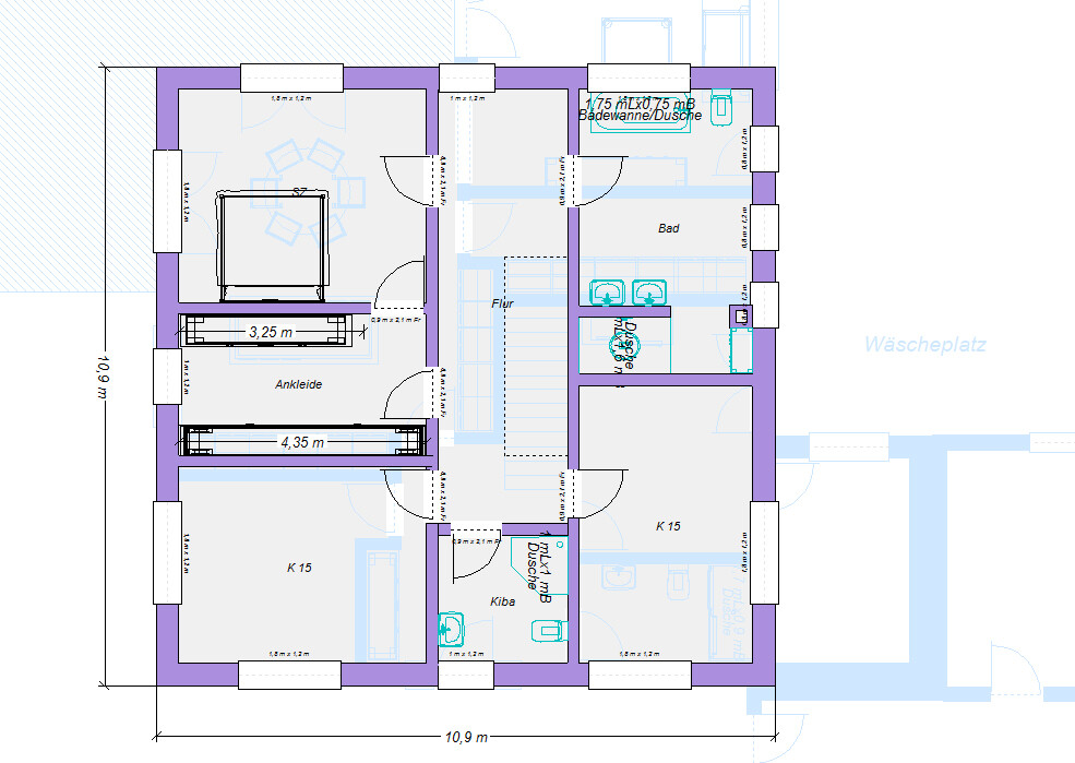Grundriss eines Stockwerks mit Schlafzimmer, Ankleide, Bad (Badewanne/Dusche) und Flur.