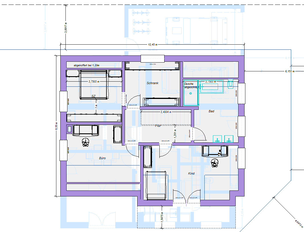 Grundriss eines Wohn- und Arbeitsbereichs mit Büro, Kind, Bad, Dusche und Möbeln.