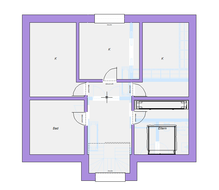 Grundriss eines Hauses: Zentraler Flur, drei Zimmer (K), Bad, Elternzimmer, Treppe.